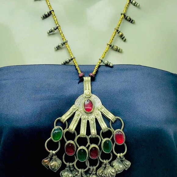 Pendant Necklace, Tribal Big Pendant With Red and Green Glass Stones and Beaded - Picture 3 of 11